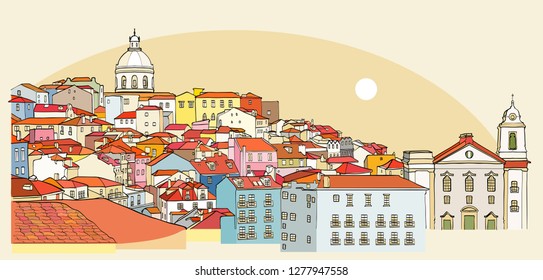 Lisbon cityscape view. Traditional Lisbon landmark. Vector illustration