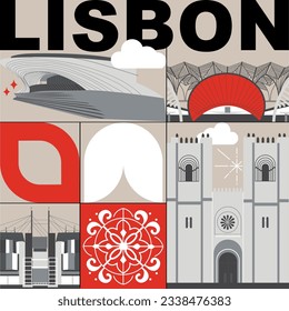 Lisbon culture travel set, famous architectures and specialties in flat design. Business travel and tourism concept clipart. Image for presentation, banner, website, advert, flyer, roadmap, icon