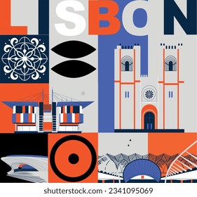 Lisbon culture travel set, famous architectures and specialties in flat design. Business travel and tourism concept clipart. Image for presentation, banner, website, advert, flyer, roadmap, icon