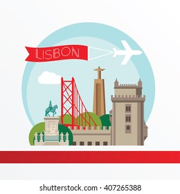 Lisbon, detailed silhouette. Trendy vector illustration, flat style. Stylish colorful  landmarks. The concept for a web banner. Belem Tower - The symbol of Lisbon