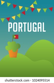 Lisbon festivities. Poster for Portugal Celebrations Santos populares. A4 invitation with sunset, cute portuguese colors, garlands, manjerico flower plant, portuguese flag