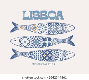 Lisbon fish motifs vector art, Portugal seafood tour vector design, Summer beach vacation artwork for t shirt, poster, graphic print, Mediterranean motif design