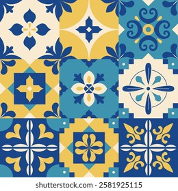 Lisbon floral tiles seamless pattern. Azulejo. Mediterranean traditional navy blue mosaic, ornament. Spanish, Greek, Italian ceramic tiles. Vector. Background, digital paper, wallpaper.