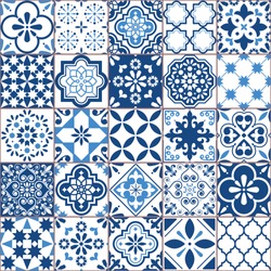 Lisbon Geometric Azulejo Tile Vector Pattern, Portuguese Or Spanish Retro Old Tiles Mosaic, Mediterranean Seamless Navy Blue Design.

Ornamental Indigo Textile Background 