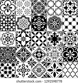 Lisbon geometric Azulejo tile vector pattern, Portuguese or Spanish retro old tiles mosaic, Mediterranean seamless black and white design. Ornamental indigo textile background inspired by Spanish art