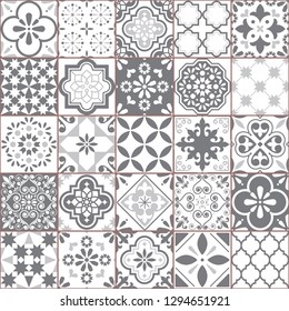 Lisbon geometric Azulejo tile vector pattern, Portuguese or Spanish retro old tiles mosaic, Mediterranean seamless gray and white design. Ornamental textile background inspired by Spanish and Portugue