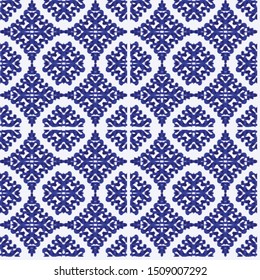 Lisbon geometric Azulejo tile vector pattern, Portuguese or Spanish retro old tiles mosaic, Mediterranean seamless lapis blue  and white design. Ornamental textile background