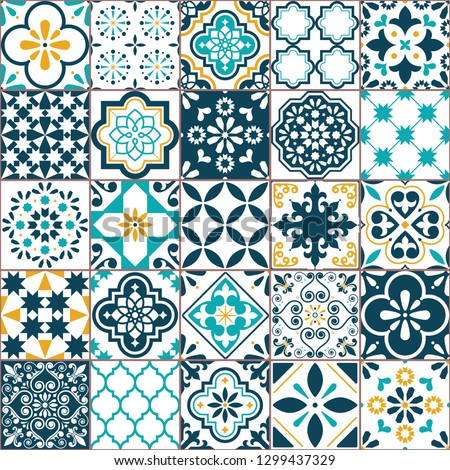 Lisbon geometric Azulejo tile vector pattern, Portuguese or Spanish retro old tiles mosaic, Mediterranean seamless turquoise and yellow design. Ornamental textile background