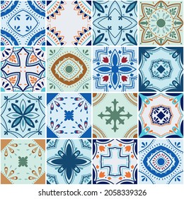 Lisbon geometric tile vector pattern, Portuguese or Spanish retro old tiles mosaic, Mediterranean seamless color design.