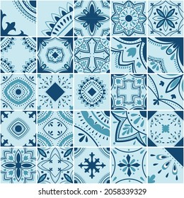 Lisbon geometric tile vector pattern, Portuguese or Spanish retro old tiles mosaic, Mediterranean seamless blue design.