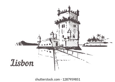 Lisbon hand drawn .Torre de Belem tower in Lisbon sketch style vector illustration.Isolated on white background.