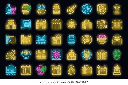 Lisbon icons set outline vector. Portugal castle. Skyline travel neon color on black isolated