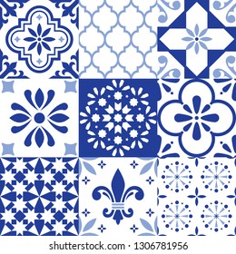 Lisbon indigo tiles vector seamless pattern, Portuguese Azluejo tiles design in blue and navy blue, abstract and floral designs. Ornamental textile background inspired traditional tiles 