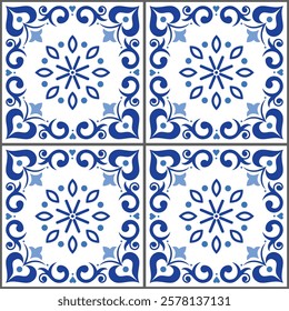 Lisbon inspired Azulejo tile seamless vector pattern in navy blue - Spanish and Portuguese art perfect for textile and fabric print
