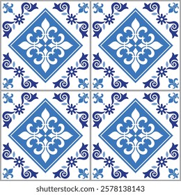 Lisbon inspired Azulejo tile seamless vector pattern in navy blue - Spanish and Portuguese art perfect for textile and fabric print
