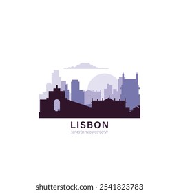 Lisbon logo with skyline, cityscape retro vector icon. Portugal city horizon, facade, travel logotype 