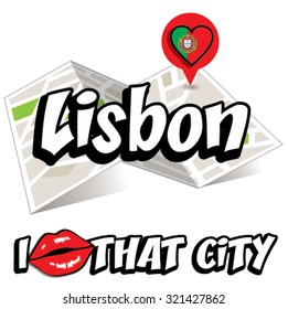 Lisbon. I Love That City. Vector Illustration with country flag.