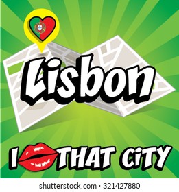 Lisbon. I Love That City. Vector Illustration with country flag.