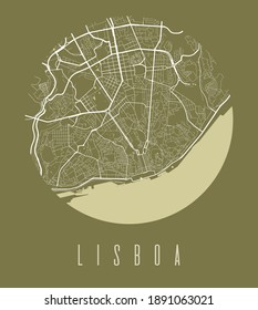 Lisbon map poster. Decorative design street map of Lisbon city. Cityscape aria panorama silhouette aerial view, typography style. Land, river, highways, avenue. Round circular vector illustration.