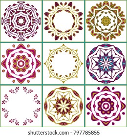 Lisbon, Mediterranean style floral ornament tile pattern. Square flower mosaic. Arabic, Indian, Turkish, Pakistan, Moroccan, Portuguese Ottoman motifs. Azulejo. Tiles vector pattern.