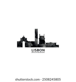 Lisbon panorama, vector badge, skyline logo and icon. Portugal capital city horizon logotype with landmarks and building silhouettes. Isolated foggy abstract gradient graphic