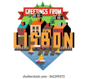 Lisbon in Portugal is Beautiful city to visit on holiday, vector cartoon illustration