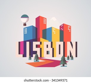 Lisbon in Portugal is Beautiful city to visit on holiday, vector cartoon illustration