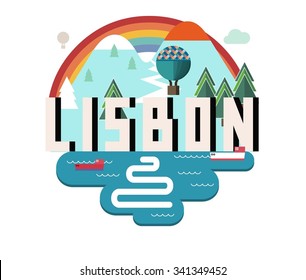 Lisbon in Portugal is Beautiful city to visit on holiday, vector cartoon illustration