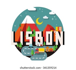 Lisboa em Portugal é bela cidade para visitar no feriado, ilustração de desenhos animados vetoriais