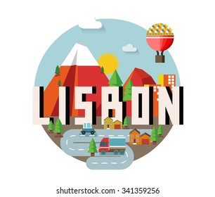 Lisbon in Portugal is Beautiful city to visit on holiday, vector cartoon illustration