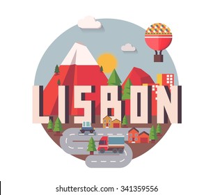 Lisbon in Portugal is Beautiful city to visit on holiday, vector cartoon illustration