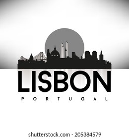 Lisbon Portugal, Black Skyline Design, vector illustration. Typographic city silhouette