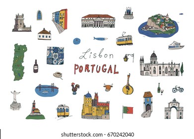 Lisbon Portugal city doodle objects cartoon vector city illustrations set