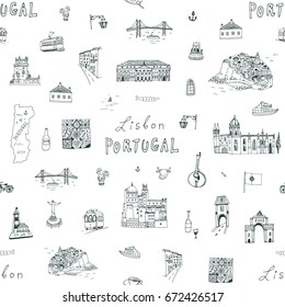 Lisbon Portugal city doodle objects cartoon vector seamless pattern