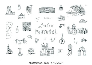 Lisbon Portugal city doodle objects cartoon vector city illustrations set