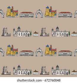 Lisbon Portugal city doodle objects cartoon vector seamless pattern