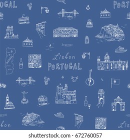 Lisbon Portugal city doodle objects cartoon vector seamless pattern