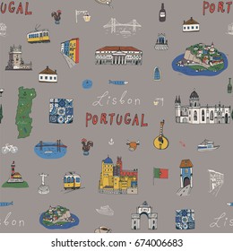 Lisbon Portugal city doodle objects cartoon vector seamless pattern