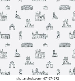 Lisbon Portugal city doodle objects cartoon vector seamless pattern