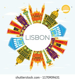 Lisbon Portugal City Skyline with Color Buildings, Blue Sky and Copy Space. Vector Illustration. Business Travel and Tourism Concept with Historic Architecture. Lisbon Cityscape with Landmarks.