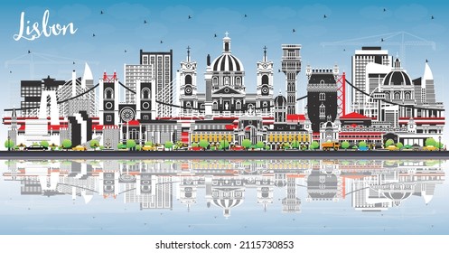 Lisbon Portugal City Skyline with Color Buildings, Blue Sky and Reflections. Vector Illustration. Lisbon Cityscape with Landmarks. Business Travel and Tourism Concept with Historic Architecture.