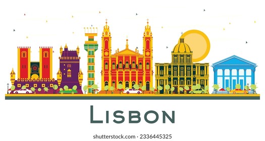 Lisbon Portugal City Skyline with Color Buildings Isolated on White. Vector Illustration. Business Travel and Tourism Concept with Historic Architecture. Lisbon Cityscape with Landmarks.