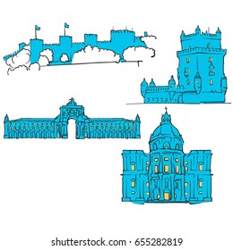 Lisbon, Portugal, Colored Landmarks, Scalable Vector Monuments. Filled with Blue Shape and Yellow Highlights. 