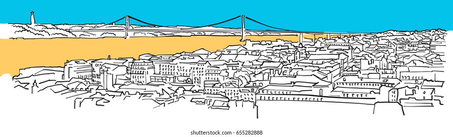 Lisbon, Portugal, Colored Panorama, Filled with Blue Shape and Yellow Highlights. Scalable Urban Cityscape Vector Illustration 