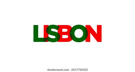 Lisbon in the Portugal emblem for print and web. Design features geometric style, vector illustration with bold typography in modern font. Graphic slogan lettering isolated on white background.