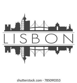 Lisbon Portugal Europe Skyline Vector Art Mirror Silhouette Emblematic Buildings 