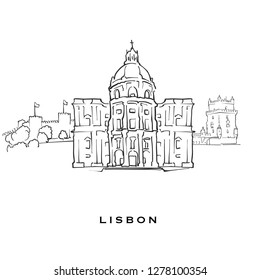 Lisbon Portugal famous architecture. Outlined vector sketch separated on white background. Architecture drawings of all European capitals.