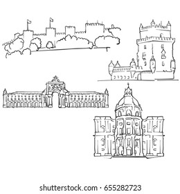 Lisbon, Portugal, Famous Buildings, Monochrome Outlined Travel Landmarks, Scalable Vector Illustration