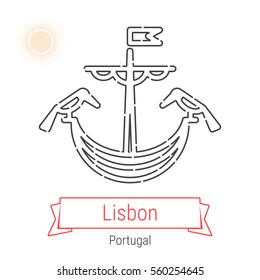 Lisbon (Portugal) flat style thin line icon with an inscription on a ribbon banner with the sun in the background. Lisbon logo, landmark, vector symbol. Lisbon Coat of Arms pictogram.