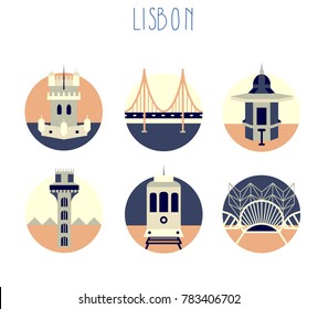 Lisbon, Portugal landmarks icon set. Vector circle illustration design. Infographics, application, web. Buildings, architecture. European travel destination, country and city symbols, tourism.